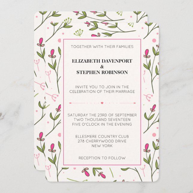 Pink and Green Long Stem Wildflowers Wedding Invitation (Front/Back)