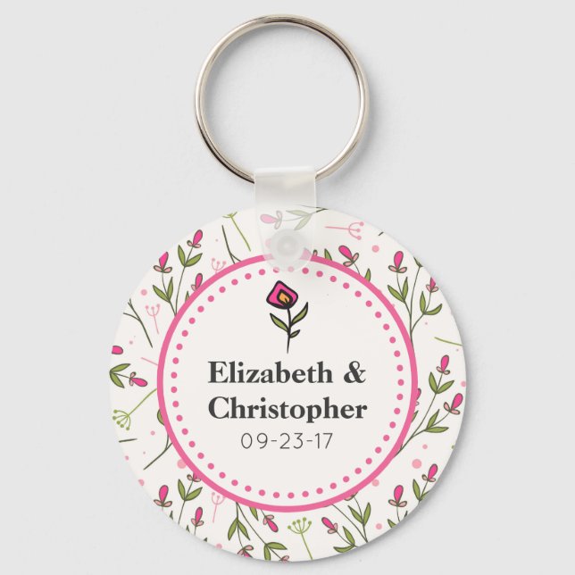Pink and Green Long Stem Wildflowers Wedding Key Ring (Front)