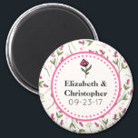 Pink and Green Long Stem Wildflowers Wedding Magnet<br><div class="desc">A wedding favour commemorative magnet. Your names and wedding date written inside an eggshell white coloured frame with a pink dotted border. The backdrop is a pattern of hand drawn pink wildflowers with long green stems and leaves on an eggshell white coloured backdrop. Pink circles and sprigs also decorate the...</div>