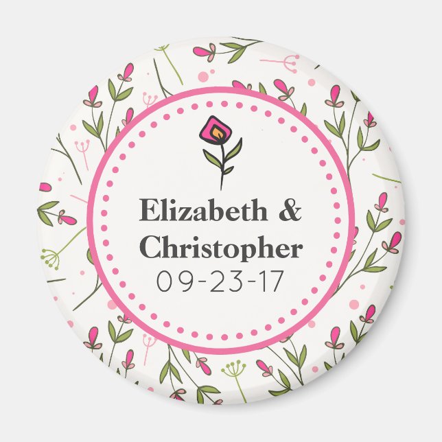 Pink and Green Long Stem Wildflowers Wedding Magnet (Front)