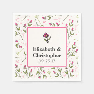 Pink and Green Long Stem Wildflowers Wedding Napkin