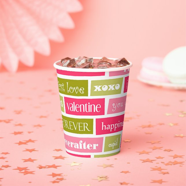 Pink and Green Love Letters Paper Cups (Insitu)