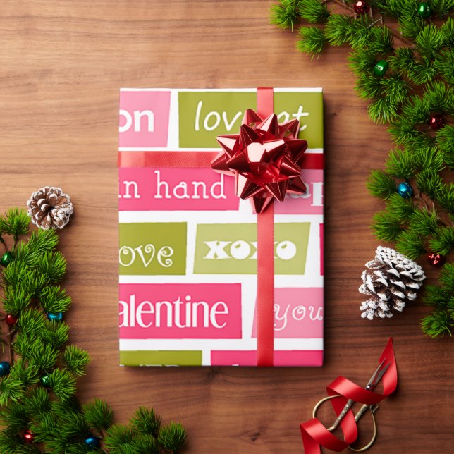 Pink and Green Love Letters Wrapping Paper (Holiday Gift)
