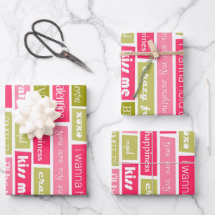 Pink and Green Love Letters  Wrapping Paper Sheet