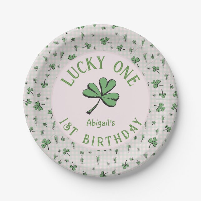 Pink and Green Lucky One Irish Girl 1st Birthday Paper Plate (Front)