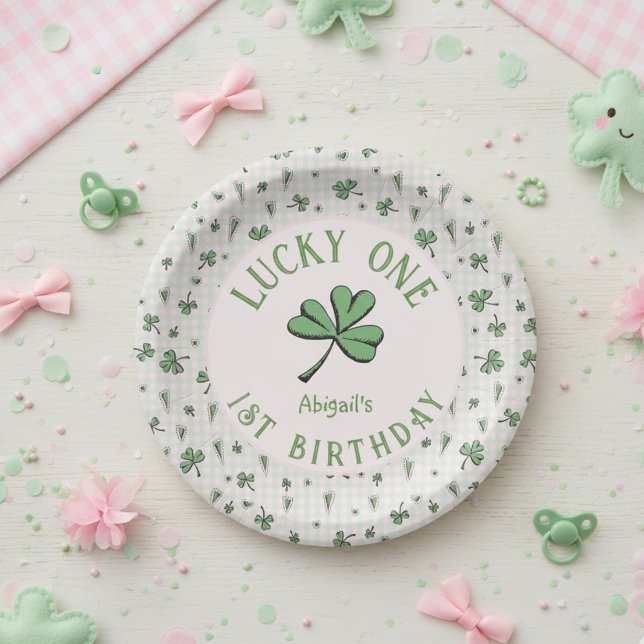Pink and Green Lucky One Irish Girl 1st Birthday Paper Plate (Lucky One Green Shamrock Four Leaf Clover 1st Birthday Paper Plates. Irish St Patrick's Day Party)