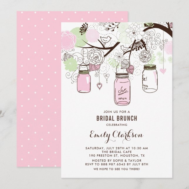 Pink and Green Mason Jars Floral Bridal Brunch Invitation (Front/Back)