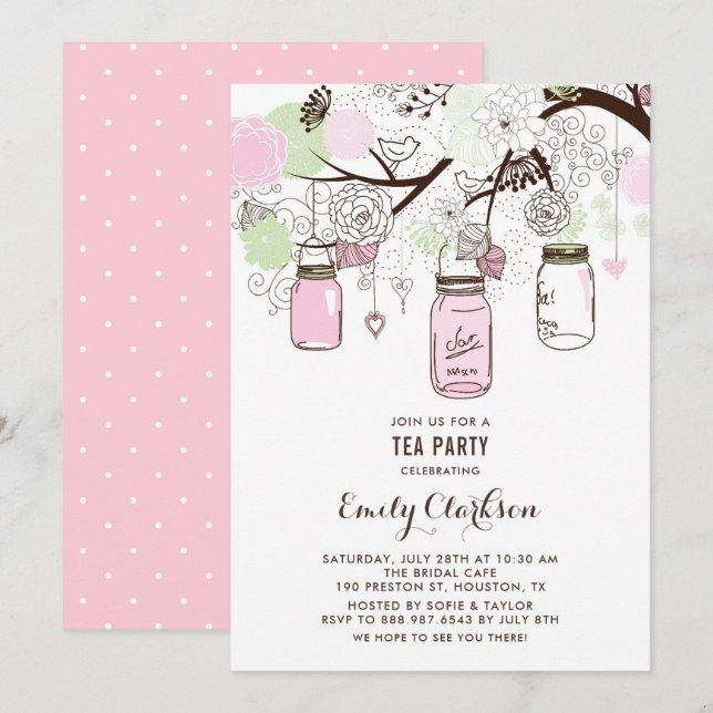 Pink and Green Mason Jars Floral Bridal Tea Party Invitation (Front/Back)