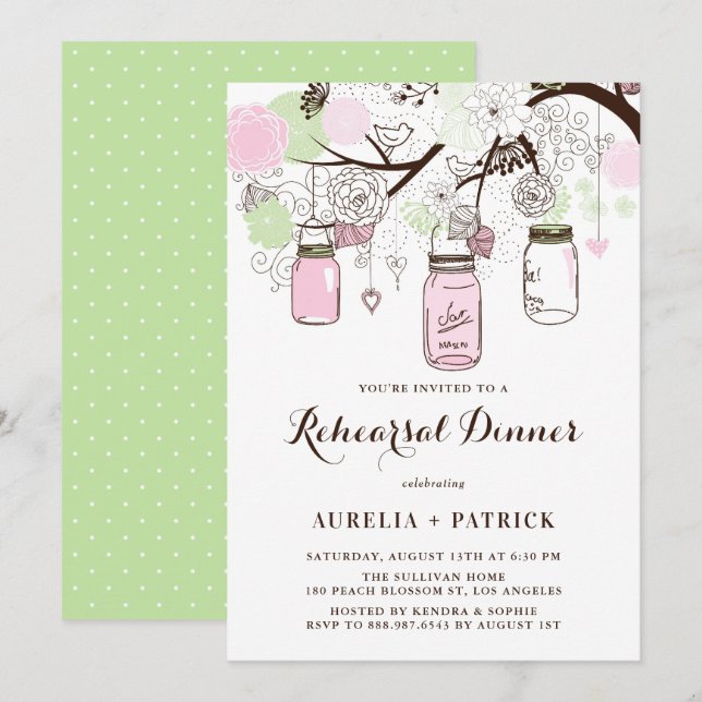 Pink and Green Mason Jars Rehearsal Dinner Invitation (Front/Back)