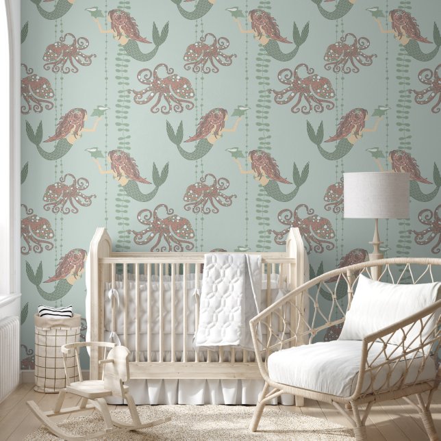 Pink and Green Mermaid Pattern Removable Wallpaper (Kids)
