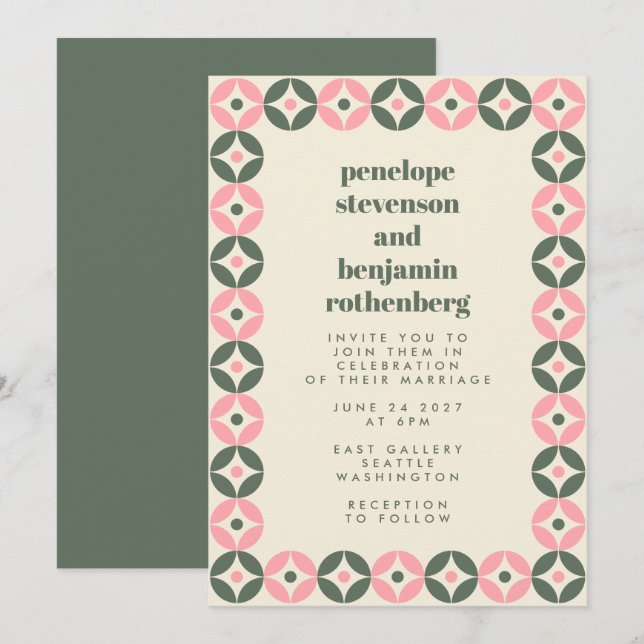 Pink and Green Mid Mod Geometric Chic Wedding Invitation (Front/Back)