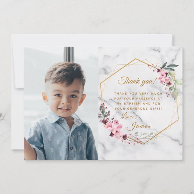 Pink and Green Minimalist White Marble  Thank You Card (Front)