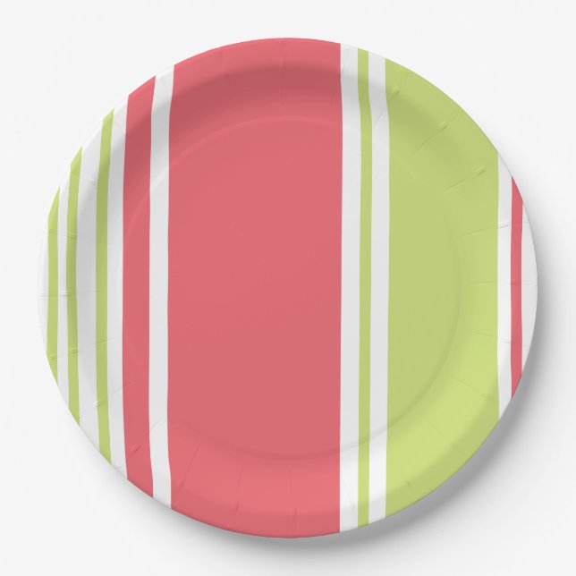 Pink and Green Modern Stripes Paper Plate (Front)