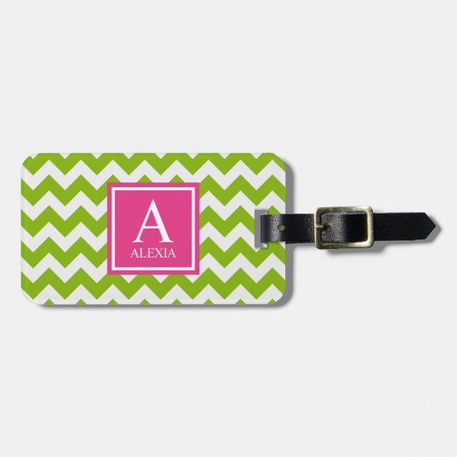 Pink and Green Monogram Chevron Print Luggage Tag (Front Horizontal)
