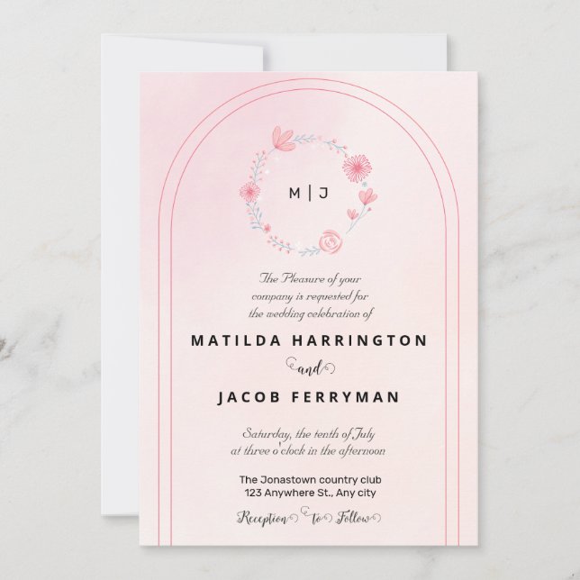 Pink and Green Monogram Floral Wreath Invitation (Front)