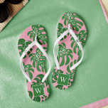 Pink and Green Monogrammed Monstera Leaves Flip Flops<br><div class="desc">Trendy and chic monstera leaves pattern monogrammed design.</div>