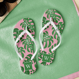 Pink and Green Monogrammed Monstera Leaves Flip Flops
