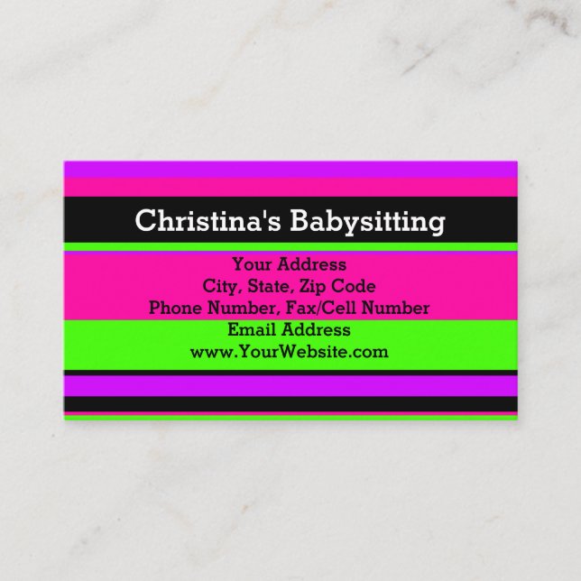 Pink and Green Neon Stripes Teen/Babysitting Business Card (Front)