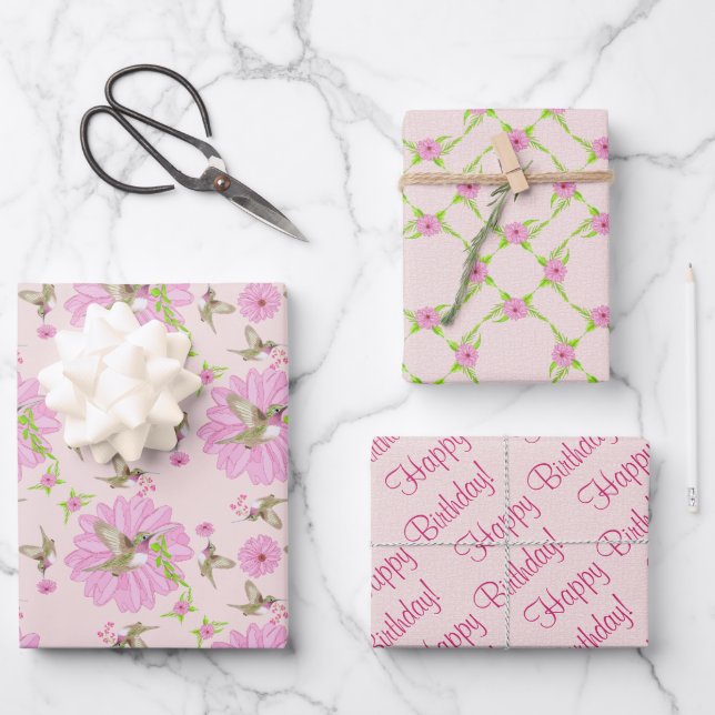 Pink and Green Nostalgic Floral Wrapping Paper Sheet (Front)