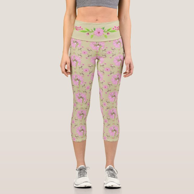 Pink and Green Nostalgic FloralHigh Waisted Capris (Front)