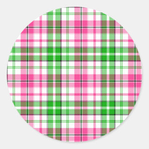 Pink and Green On White Plaid Tartan Pattern Classic Round Sticker