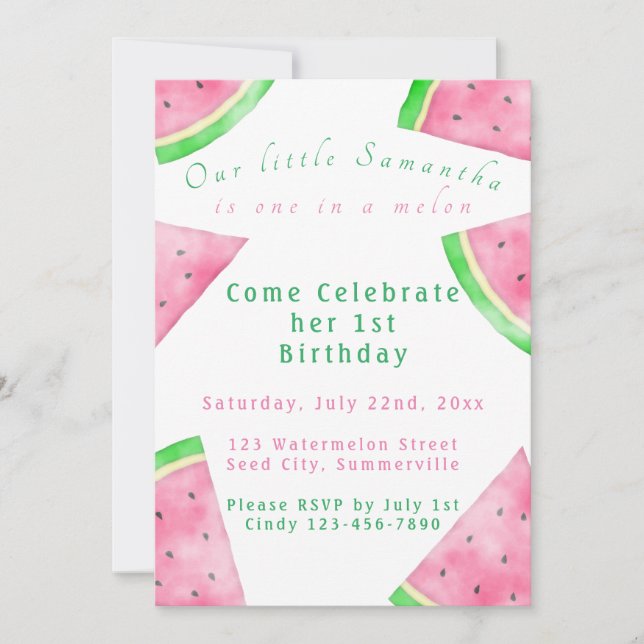 Pink and Green One In A Melon 1st Birthday Invite (Front)