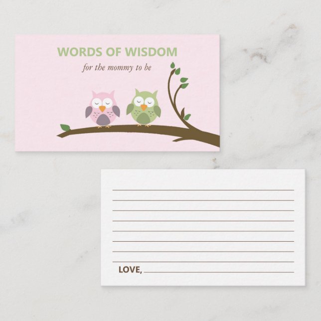 Pink and Green Owl Words of Wisdom Baby Shower Enclosure Card (Front/Back)