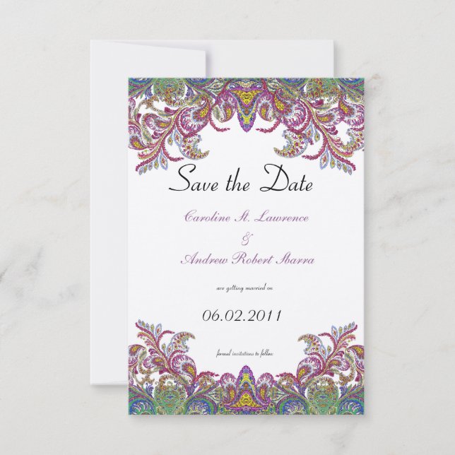 Pink and Green Paisley Peacock Wedding Save The Date (Front)