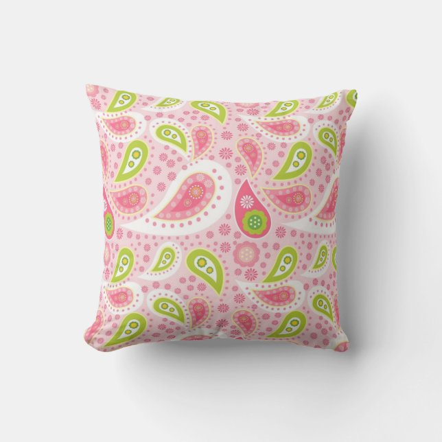 Pink and Green Paisley Throw Pillow (Front)