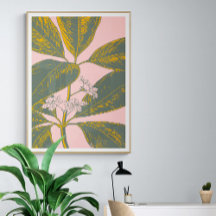 Pink and Green Palm Frond Botanical Drawing