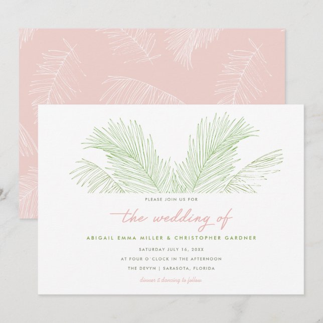 Pink and Green Palm Leaves Tropical Beach Wedding Invitation (Front/Back)