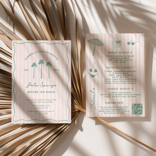Pink And Green Palm Springs Bachelorette Weekend Invitation (Double-sided Palm Springs Before the Rings theme bachelorette weekend party itinerary invitation)