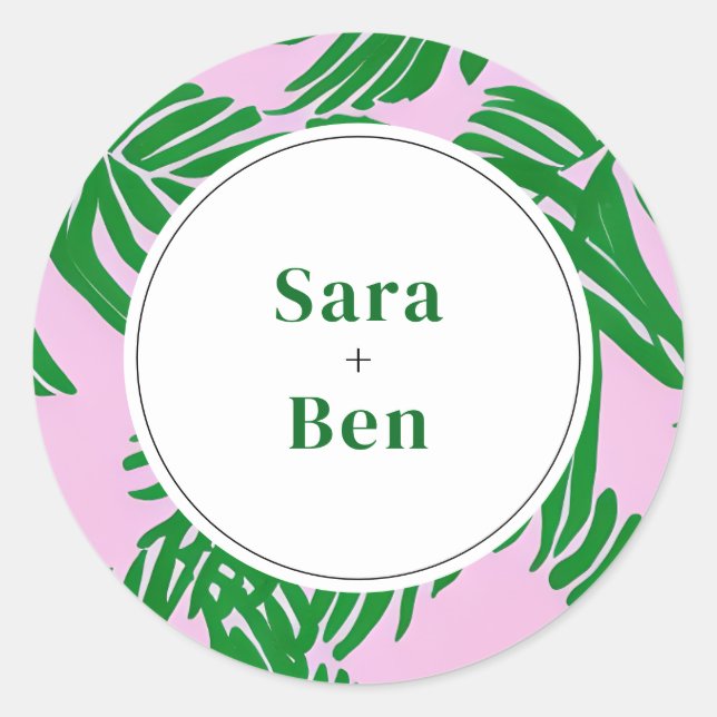 Pink and Green Palm Tree Modern Beach Wedding Classic Round Sticker (Front)