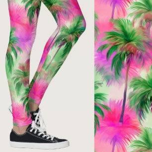Pink and Green Palm Trees Tropical Patterned Leggings