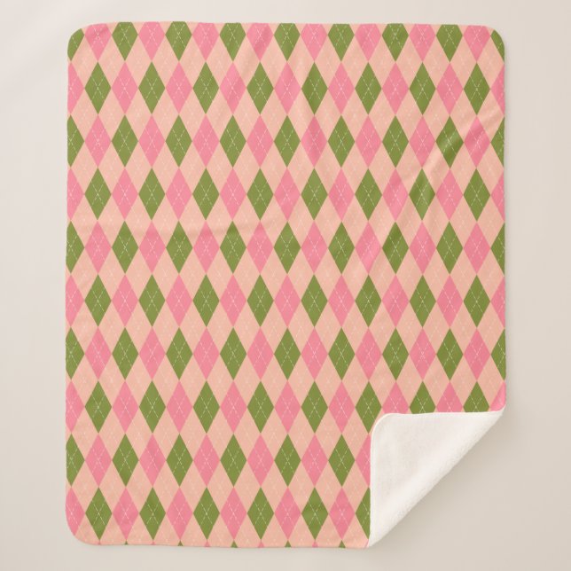 Pink and Green Pastel Argyle Plaid Pattern Sherpa Blanket (Front)