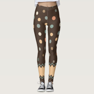 Pink and Green Pastel Polka Dots on Brown Leggings