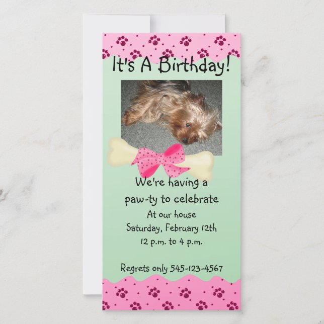 Pink and Green Paw Print Birthday Invitation (Front)