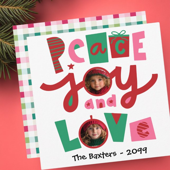 Pink and Green Peace & Love Holiday Greeting Card (Retro Pink and Green Peace and Love Christmas Greeting Card)