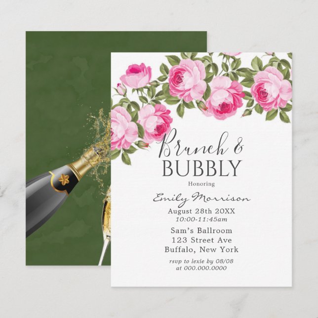Pink and Green Peony Brunch & Bubbly Invitation (Front/Back)