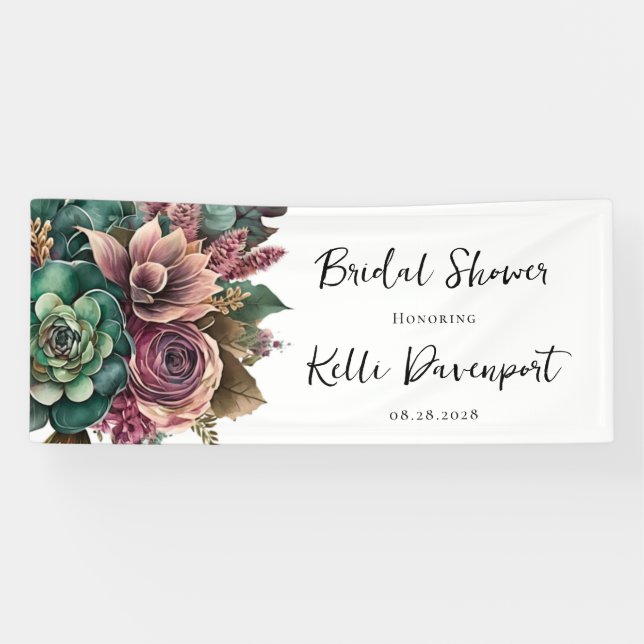 Pink and Green Peony Succulent Bridal Shower Banner (Horizontal)