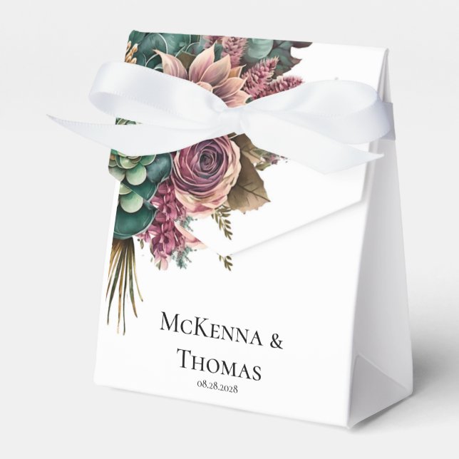 Pink and Green Peony Succulent Wedding Favour Box (Front Side)