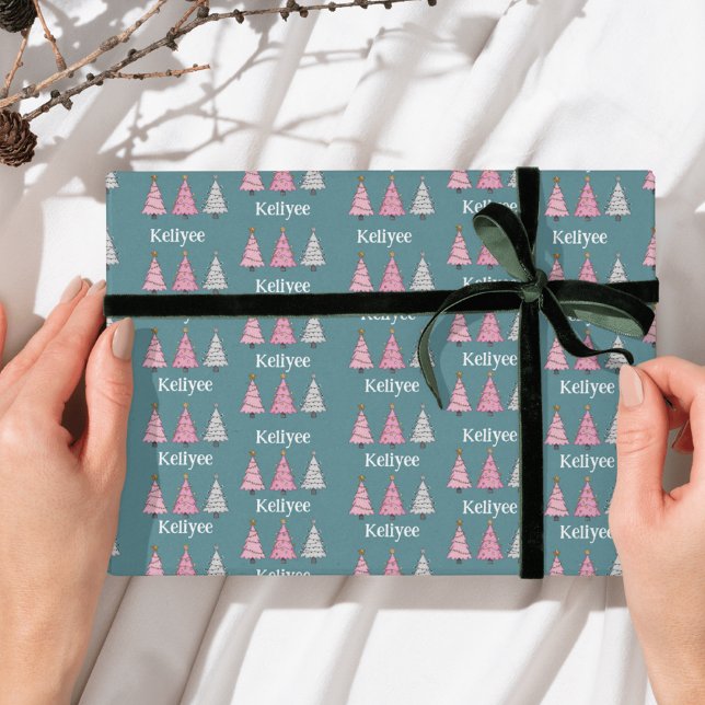 Pink and green Personalised name Christmas trees Wrapping Paper (Creator Uploaded)