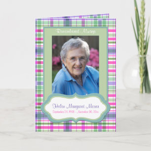 Pink and Green Plaid Memorial Card with Photo