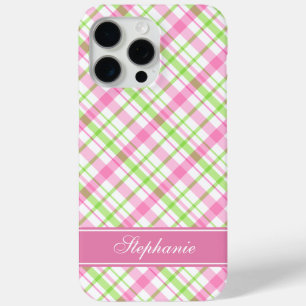 Pink and Green Plaid Pattern iPhone 15 Pro Max Case