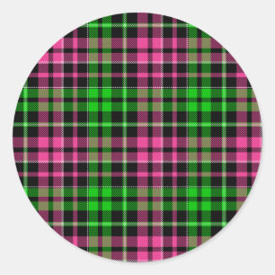 Pink and Green Plaid Tartan Black Classic Round Sticker
