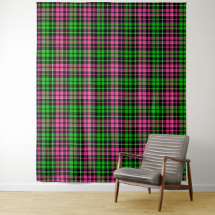 Pink and Green Plaid Tartan Black Tapestry
