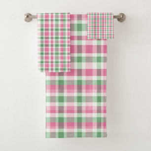 Pink And Green Plaid Tartan Checkered Patterned Bath Towel Set