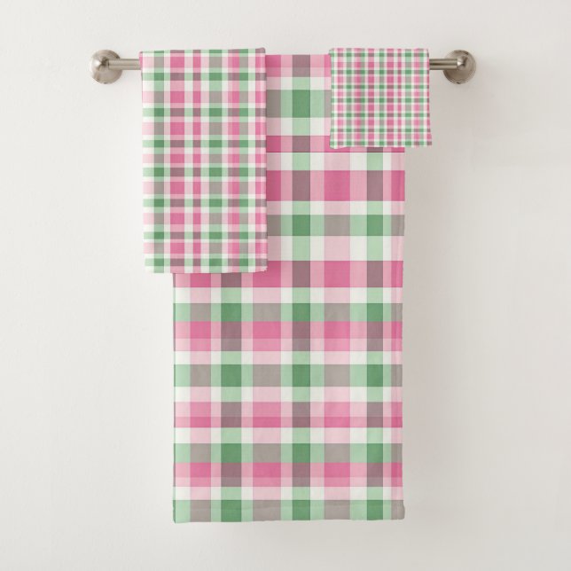 Pink And Green Plaid Tartan Checkered Patterned Bath Towel Set (Insitu)