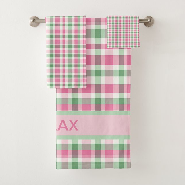 Pink And Green Plaid Tartan Checkered Patterned Bath Towel Set (Insitu)