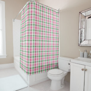 Pink And Green Plaid Tartan Checkered Patterned Shower Curtain